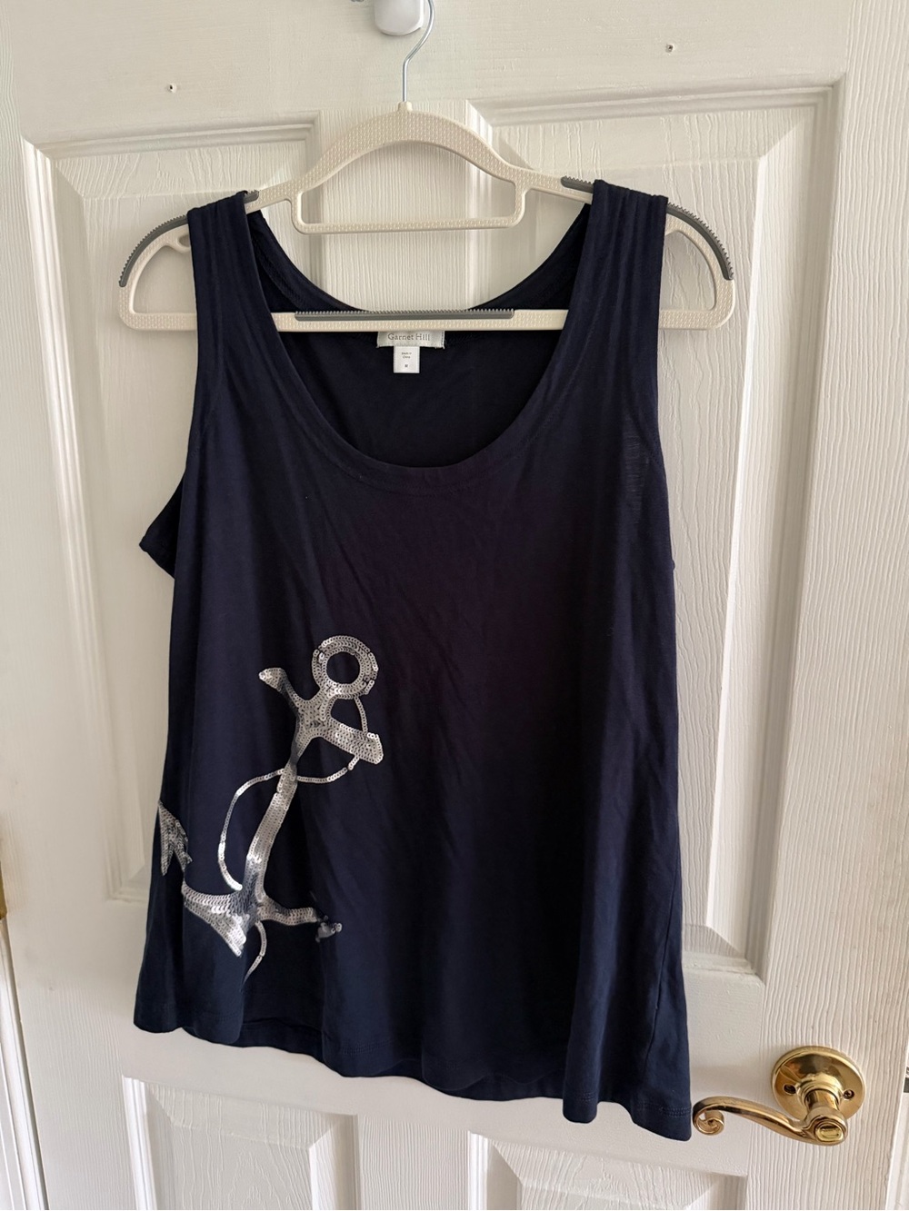Garnet Hill Navy Tank with Silver Sequined Anchor Graphic - NWOT